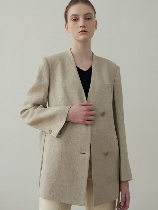 linen no collar jacket (beige)