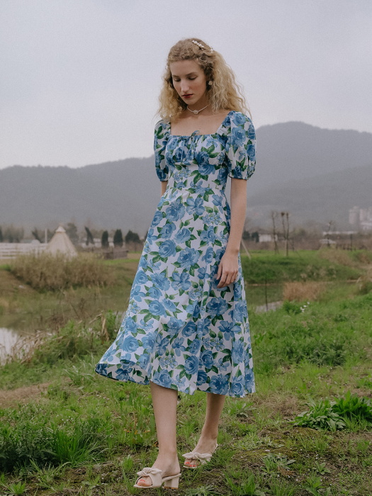 Blue rose shoulder puff dress