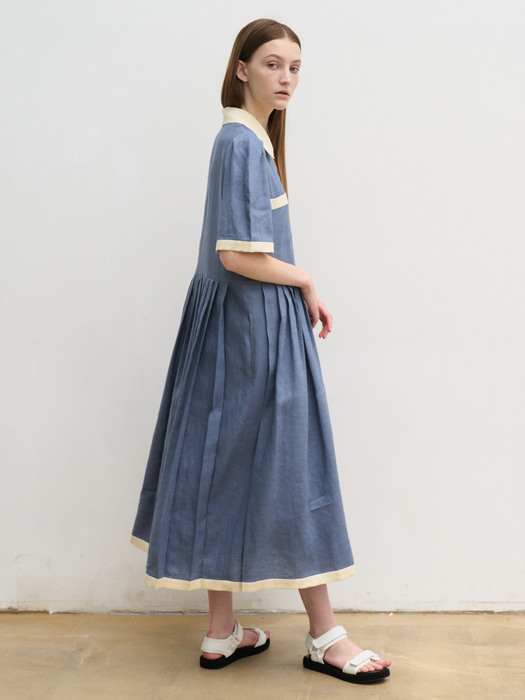 Linen pleated shirt dress (blue)