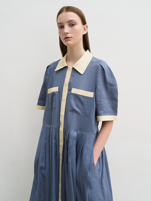 Linen pleated shirt dress (blue)