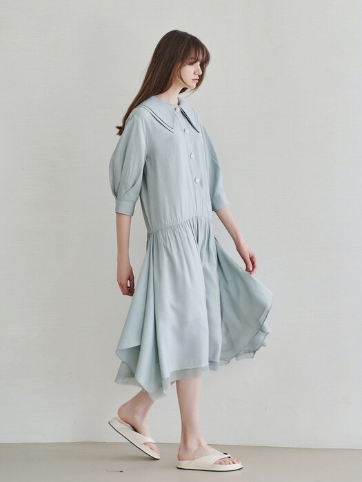 DOUBLE CAPE COLLOR FLARE DRESS_MINT BLUE