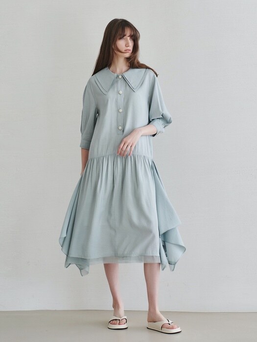 DOUBLE CAPE COLLOR FLARE DRESS_MINT BLUE