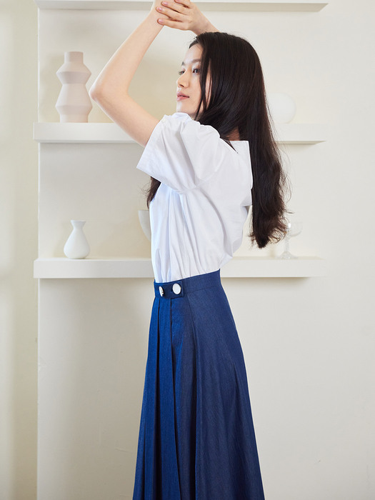 Denim White Button Wrap Skirt_blue