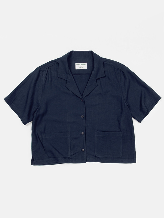 Open collar crop shirts-navy							