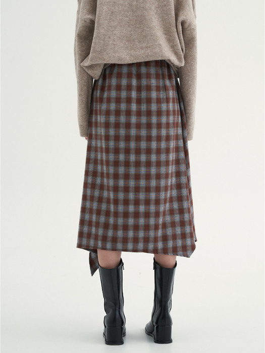 UNBALANCED CHECK LONG SKIRT_BRICK