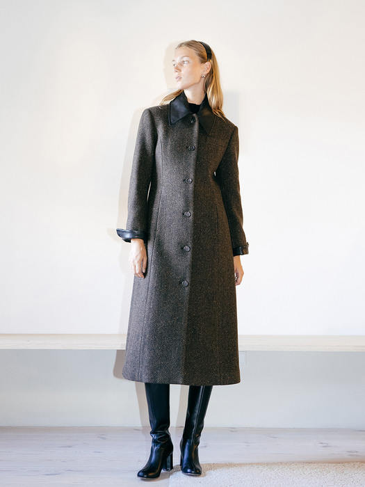 [N]VIBORG Cashmere blended  leather collar single coat (Black/Brown herringbone)