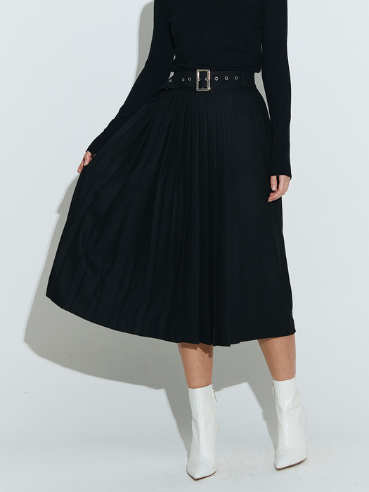 Wool Pleats long skirt [Black]