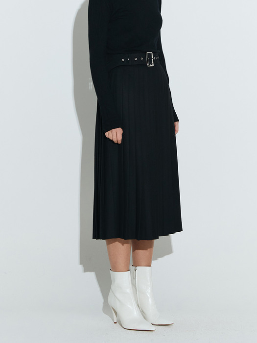 Wool Pleats long skirt [Black]