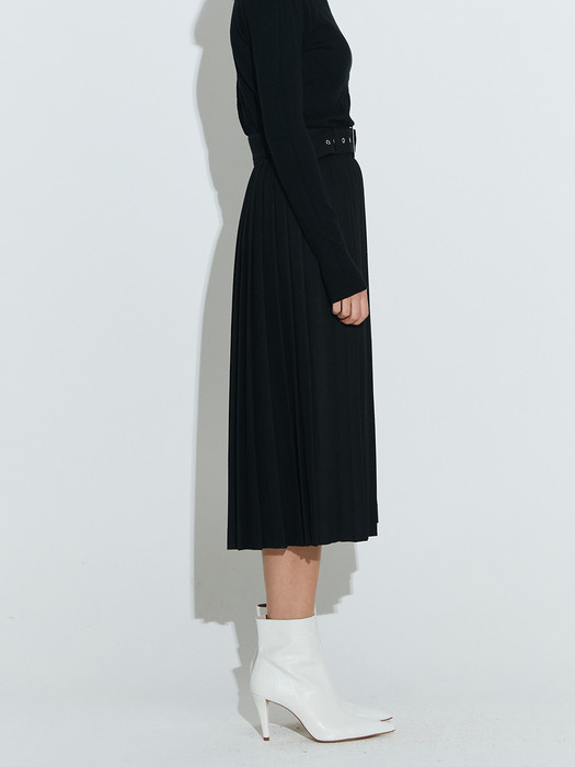 Wool Pleats long skirt [Black]