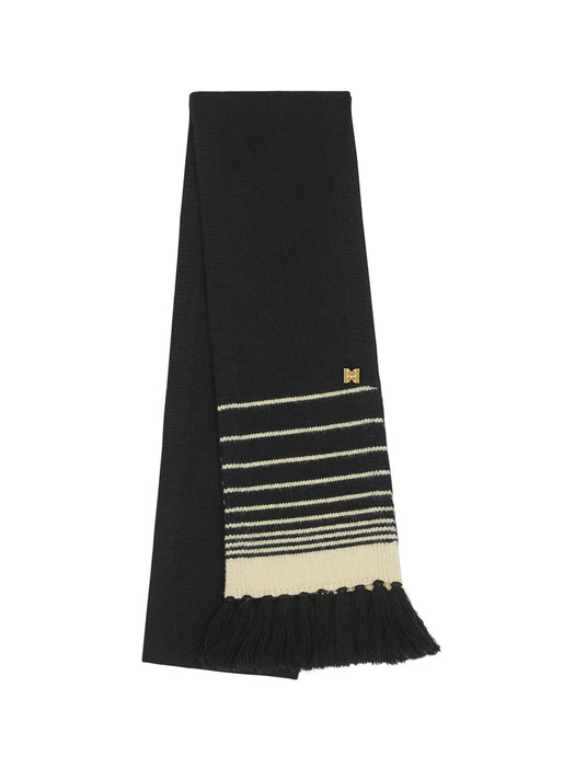 [EXCLUSIVE] Knit Stripe Muffler with Gold EENK Logo Brooch - Black/Light Beige Stripe