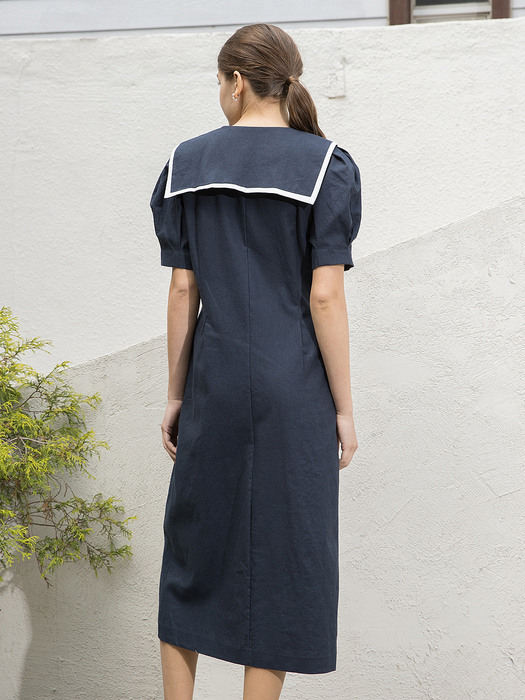 Linen Half Long Dress Navy
