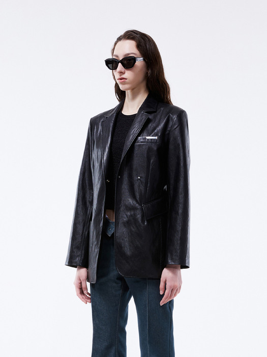 V-cut-out leather blazer (black)