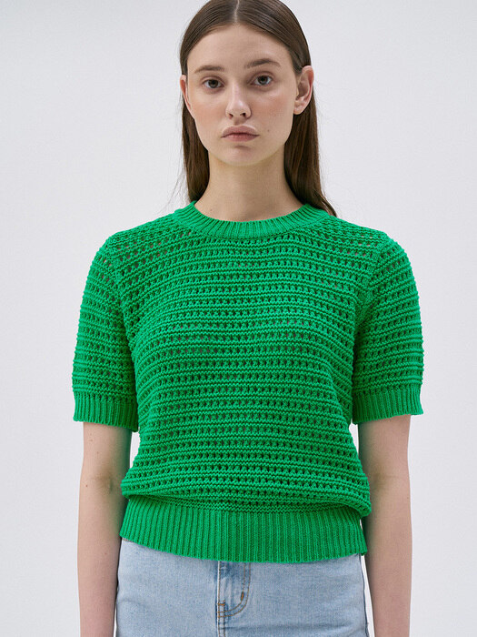 [단독]Crew Neck Crochet Knit Top-Green