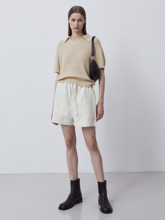 OPEN COLLAR KNIT TOP-LIGHT BEIGE