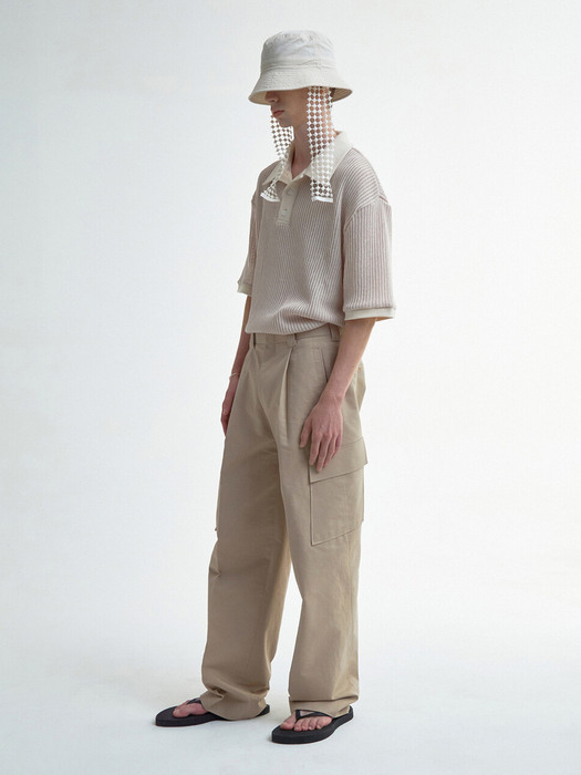 CARGO SLASHED WIDE PANTS - BEIGE