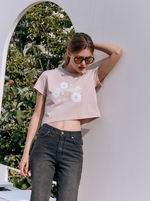 FLOWER PRINT CROPPED T-SHIRT [Dusty Pink]
