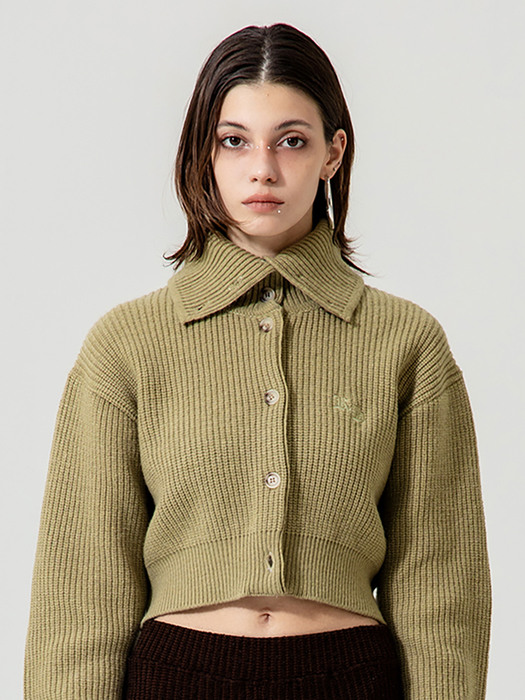 MERINO WOOL TURTLE NECK CROP CARDIGAN [SAGE GREEN]