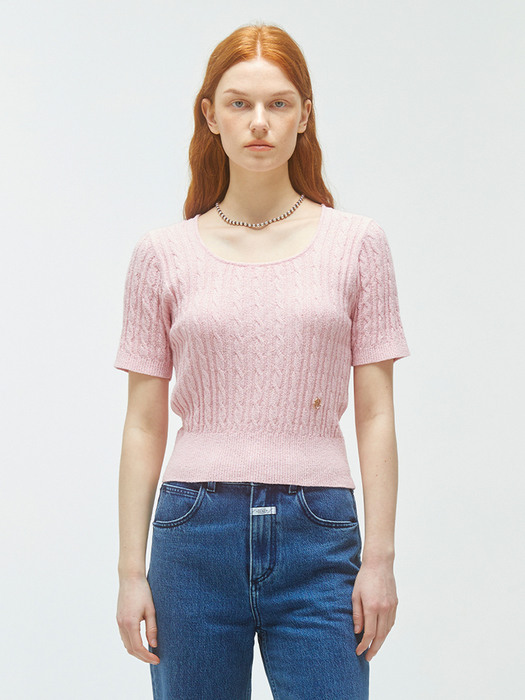 W CABLE HALF SLEEVE KNIT pink