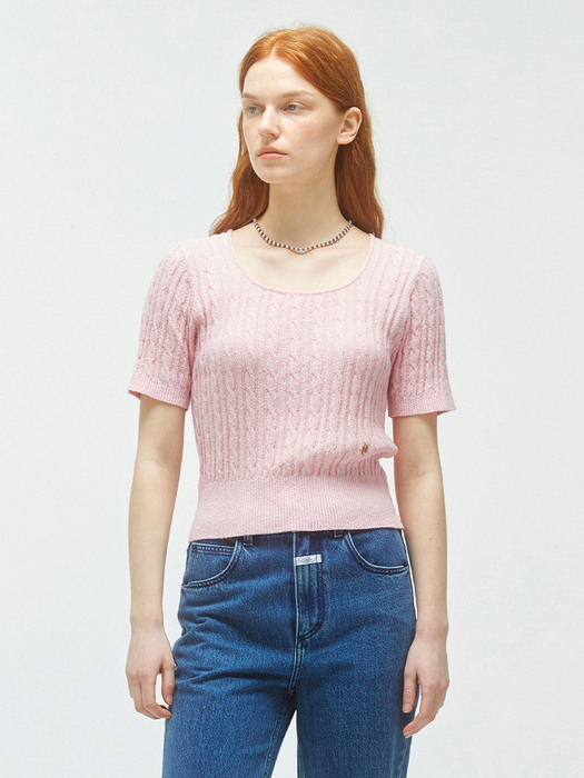 W CABLE HALF SLEEVE KNIT pink