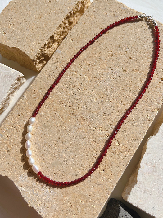 Red & Pearl Necklace (Silver925) 레드 수정 담수진주 실버 목걸이