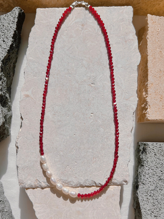 Red & Pearl Necklace (Silver925) 레드 수정 담수진주 실버 목걸이