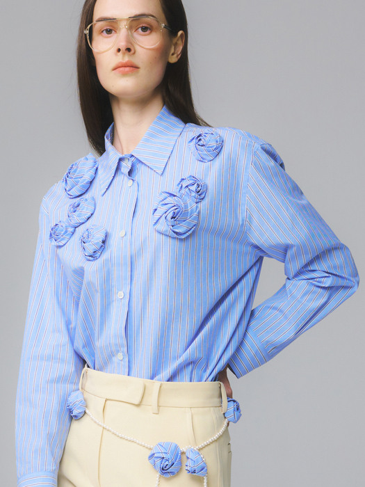 Rose Corsage Stripe Shirt / Blue