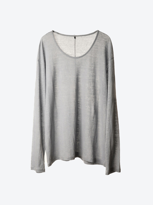U-Neck Linen-Jersey Long-Sleeved T-Shirt[Grey(UNISEX)]_UTT-ST53