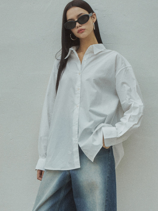 [Essential] Mini Label Oversized Cotton  Shirts_CTT301(White)