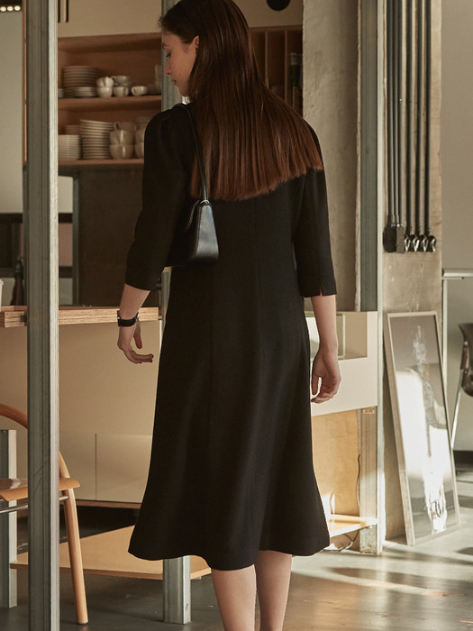 Square neck piping tweed dress - Black
