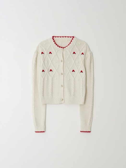 Flower Puff Sleeve Knit Cardigan - Ivory