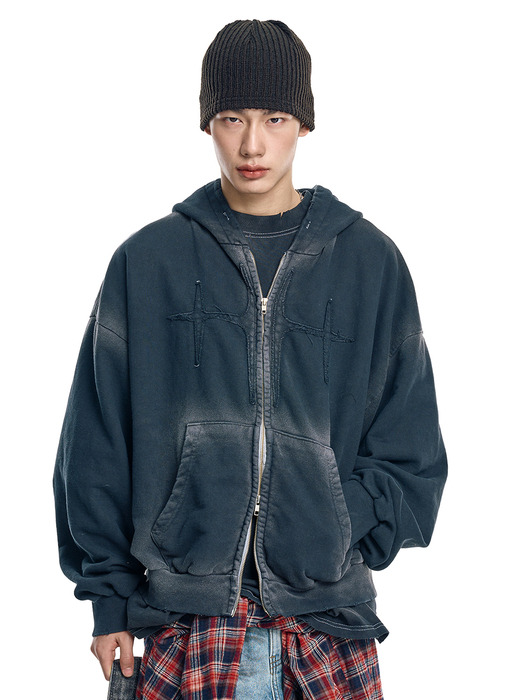 Washed Patch Overfit Hooded Zip-Up - Black