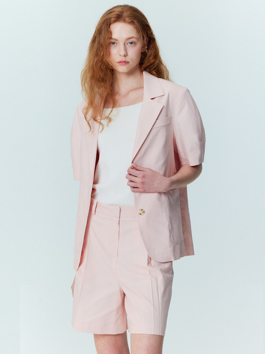 SET_Volume sleeve linen jacket_Bermuda pants_Pink