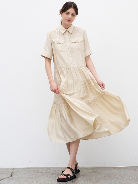 TIRED SHIRRING DRESS_BEIGE