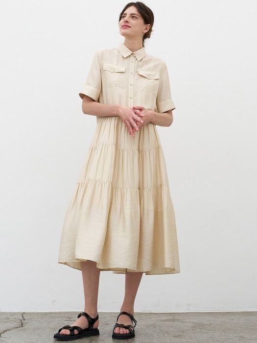 TIRED SHIRRING DRESS_BEIGE