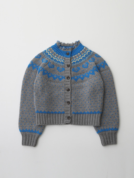 Nordic Neck Frill Knit Cardigan - Grey & Blue