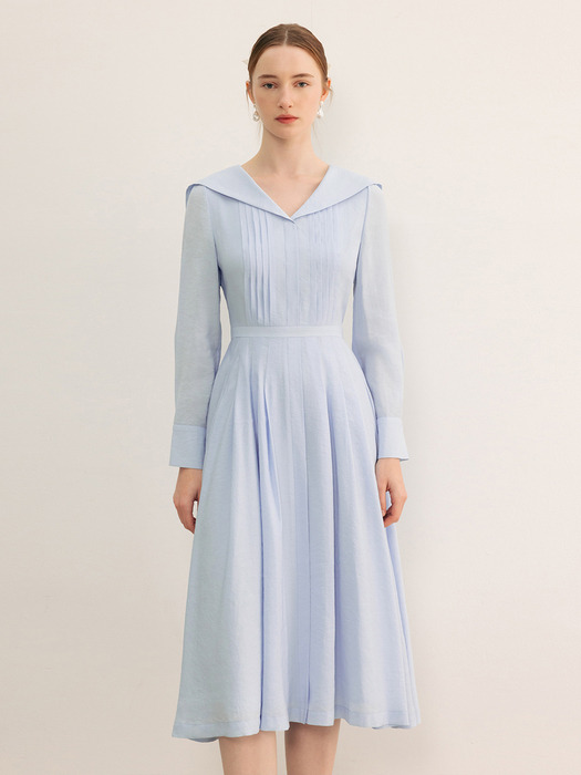 LOLA Sailor collar pin tucked long dress (Light blue/Light butter)