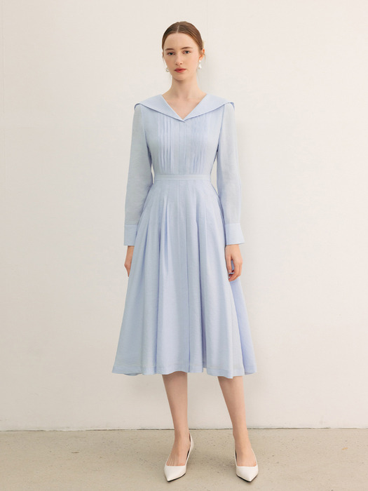 LOLA Sailor collar pin tucked long dress (Light blue/Light butter)