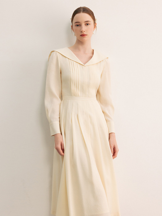 LOLA Sailor collar pin tucked long dress (Light blue/Light butter)