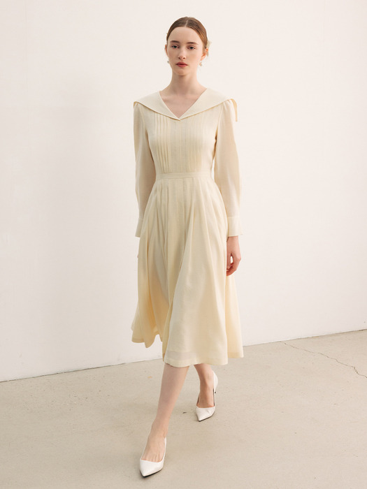 LOLA Sailor collar pin tucked long dress (Light blue/Light butter)