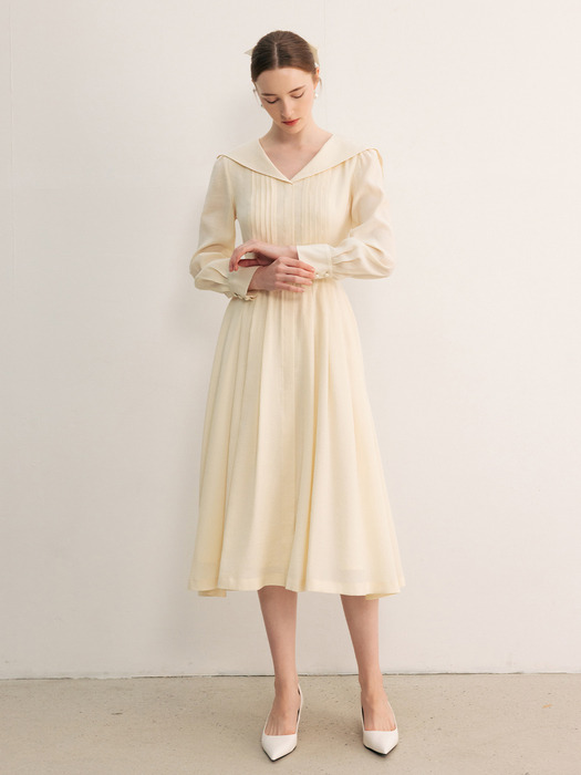 LOLA Sailor collar pin tucked long dress (Light blue/Light butter)