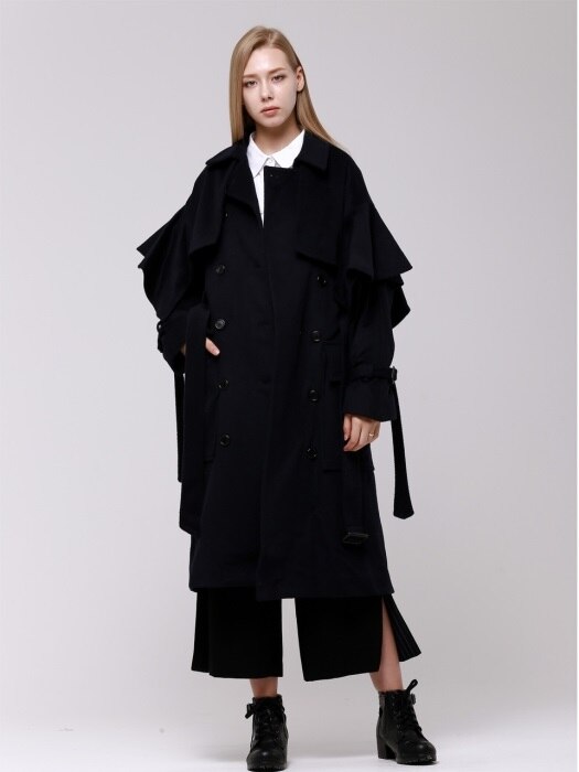 WunderGeist Handkerchief Sleeve Navy Wool TrenchCoat