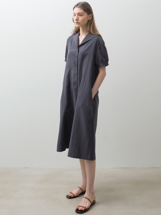 Linen Button Dress - Charcoal Grey