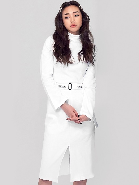High-neck belted dress-white