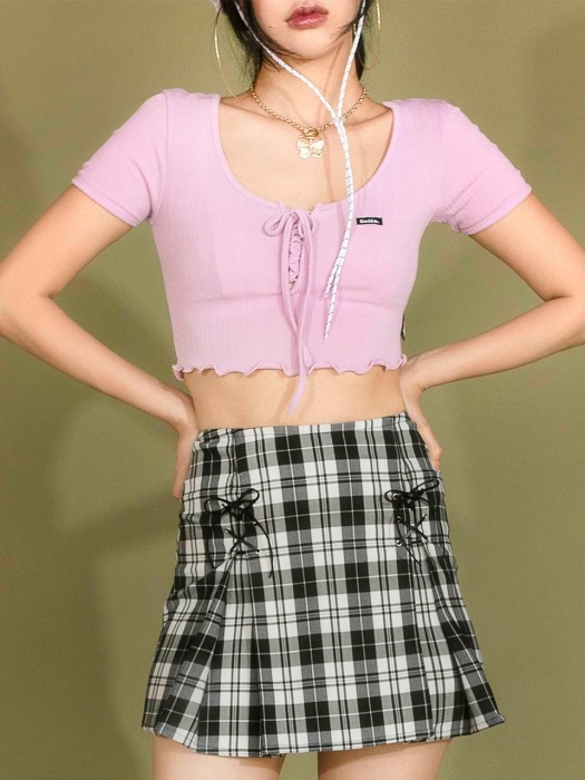 LACE-UP CHECK SKIRT [BLACK]