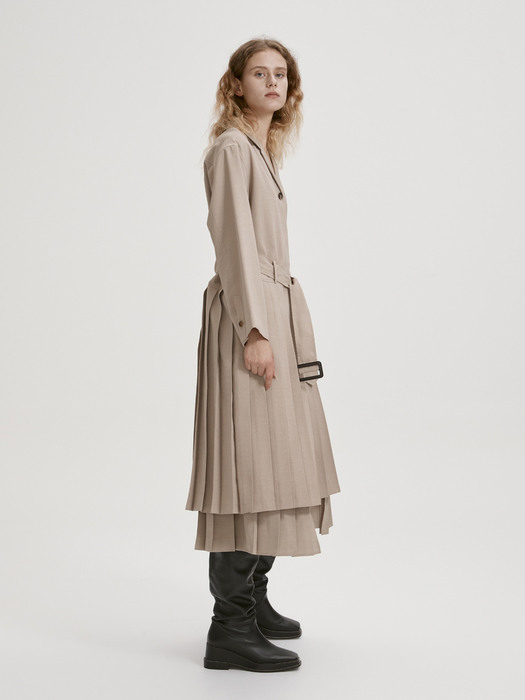 BELTED PLEATED SHIRT DRESS (BEIGE)