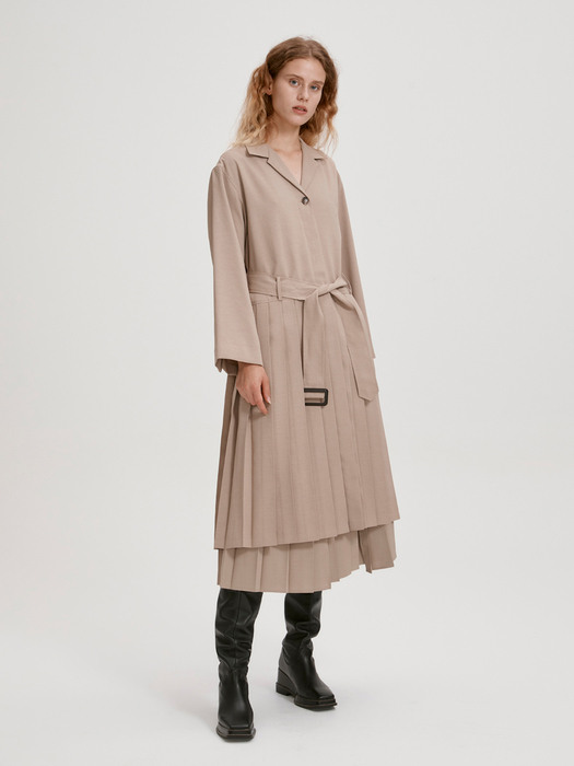BELTED PLEATED SHIRT DRESS (BEIGE)