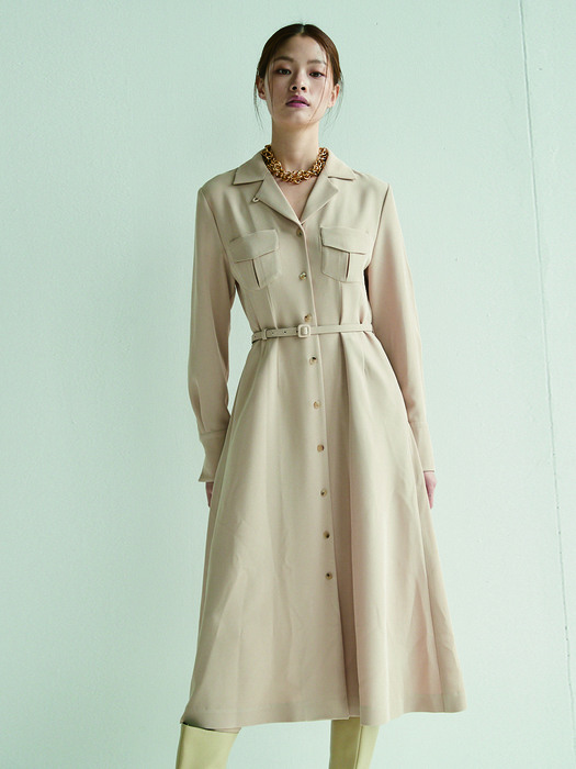 HYEHWA Notched collar shirt dress (Beige)