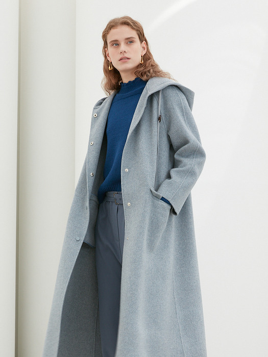 HANDMADE HOODED LONG COAT in Light Blue [U0W0H803/51]