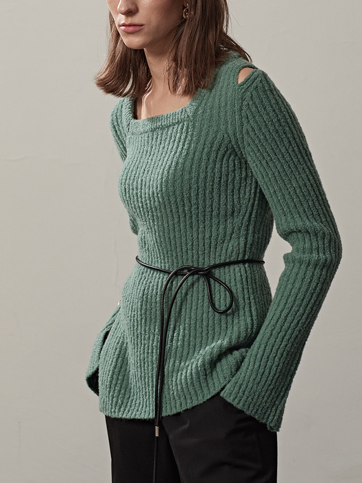 RIBBED-KNIT SQUARE NECK PULLOVER(D.MINT)