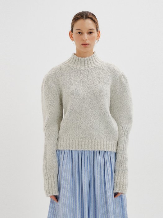 TEY Puff Sleeve Turtleneck Knit Pullover - Light Grey